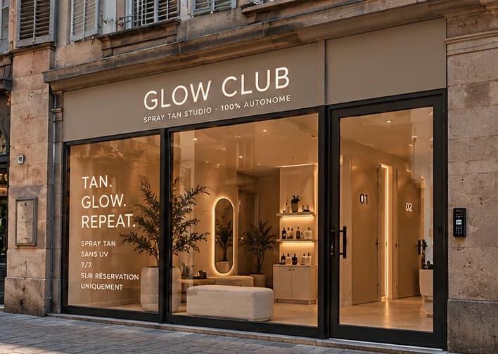 La façade du studio Glow Club, Tan. Glow. Repeat. en vitrine (image d’intention)